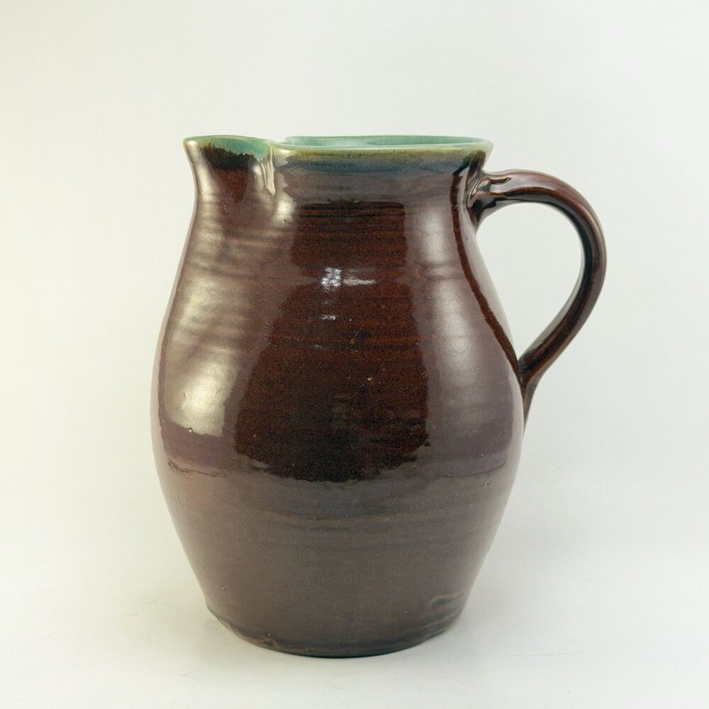 Vintage Studio Pottery Stoneware Pitcher Brown Teal Rim Handmade 10”